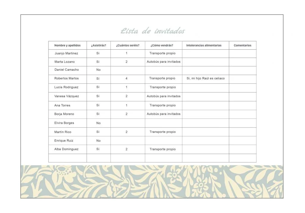 rsvp con lista de invitados para boda